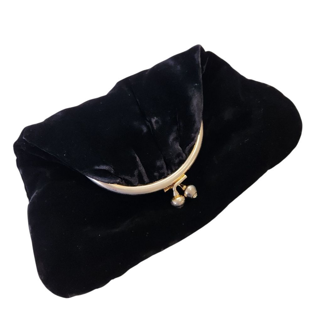 Vintage Black Velvet Fold Over Clutch Evening Bag Rhinestone Clip Frame Retro